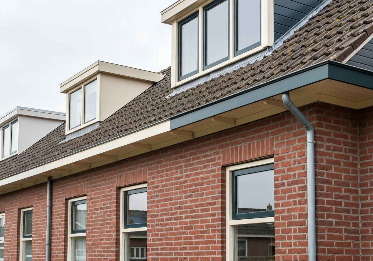 Strakke matte anthraciet Keralit dakrand langs de overstek van een Nederlandse woning, met zichtbare goot eronder en baksteengevel