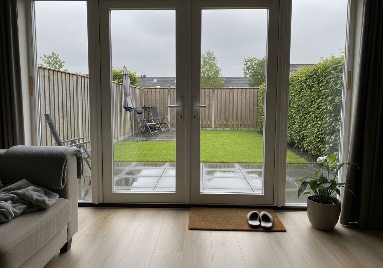 Openslaande witte kunststof tuindeuren met HR++ glas, gezien vanuit de woonkamer richting een Nederlandse tuin