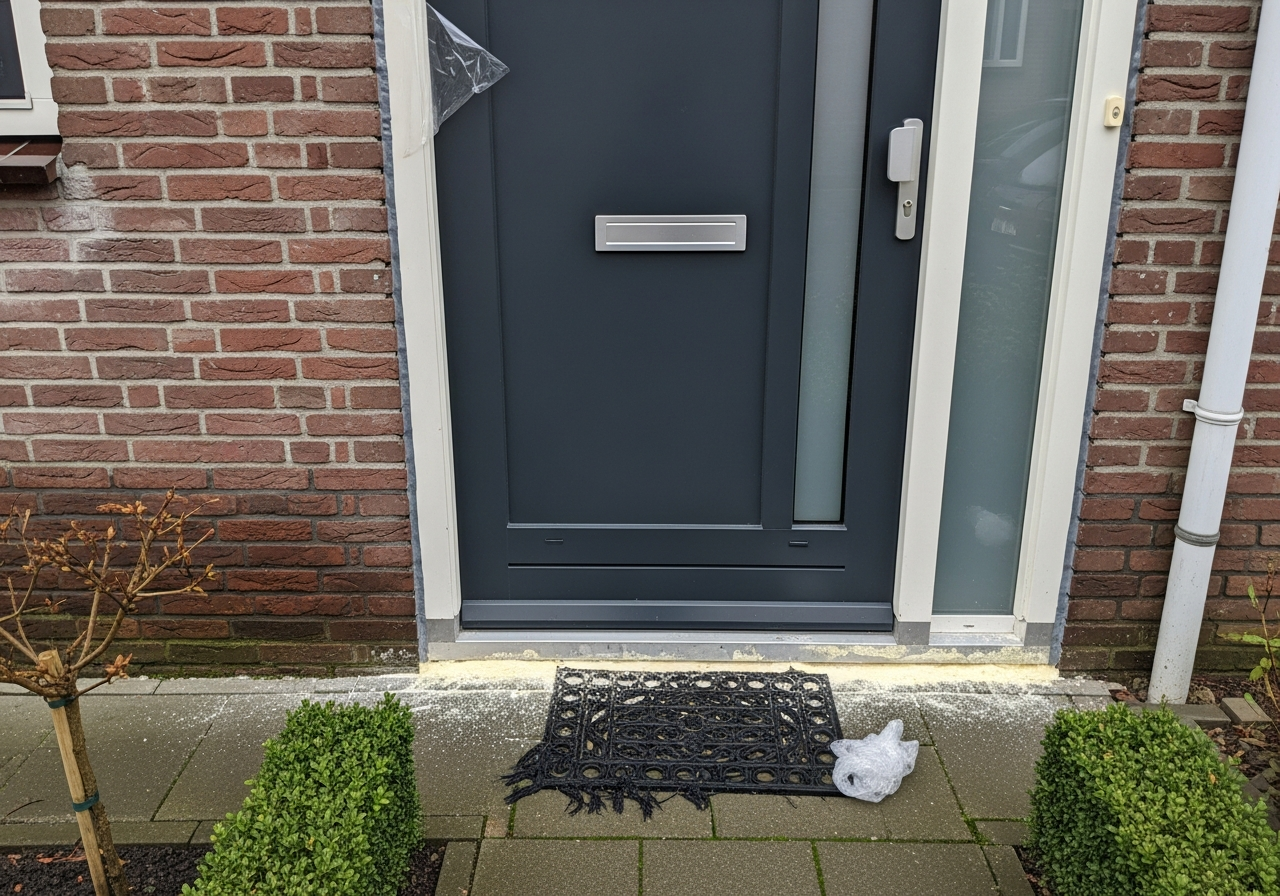 Net geplaatste anthracite-grijze kunststof voordeur in een Nederlandse bakstenen gevel