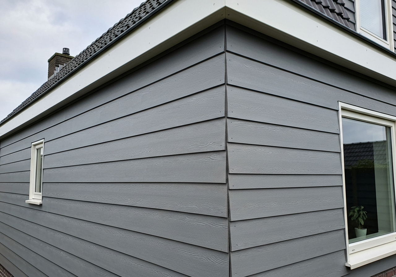Detail van anthraciet horizontale potdeksel-gevelbekleding rond een wit raam met dakrand