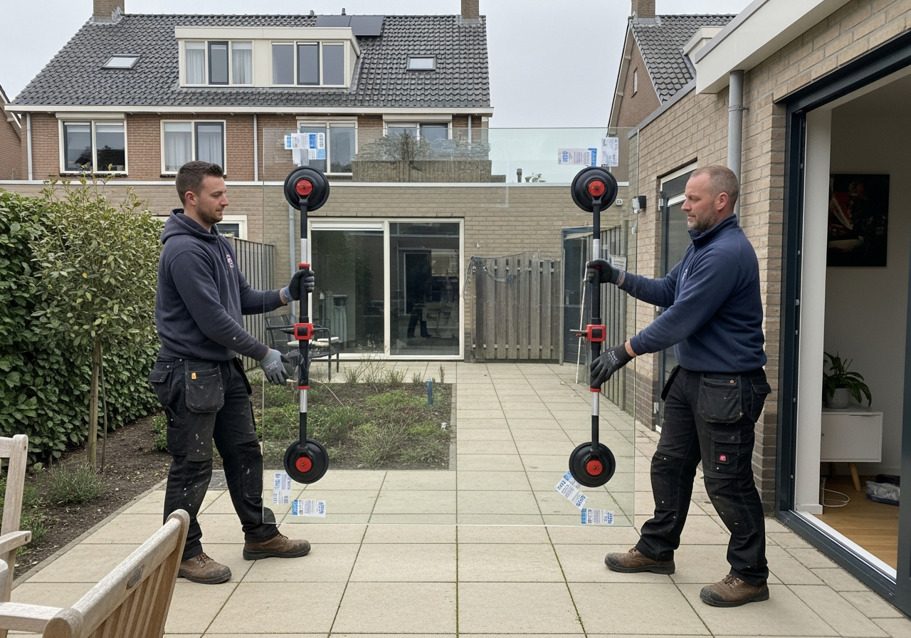 Twee monteurs plaatsen een glaspaneel met vacuümzuigers op locatie bij de klant