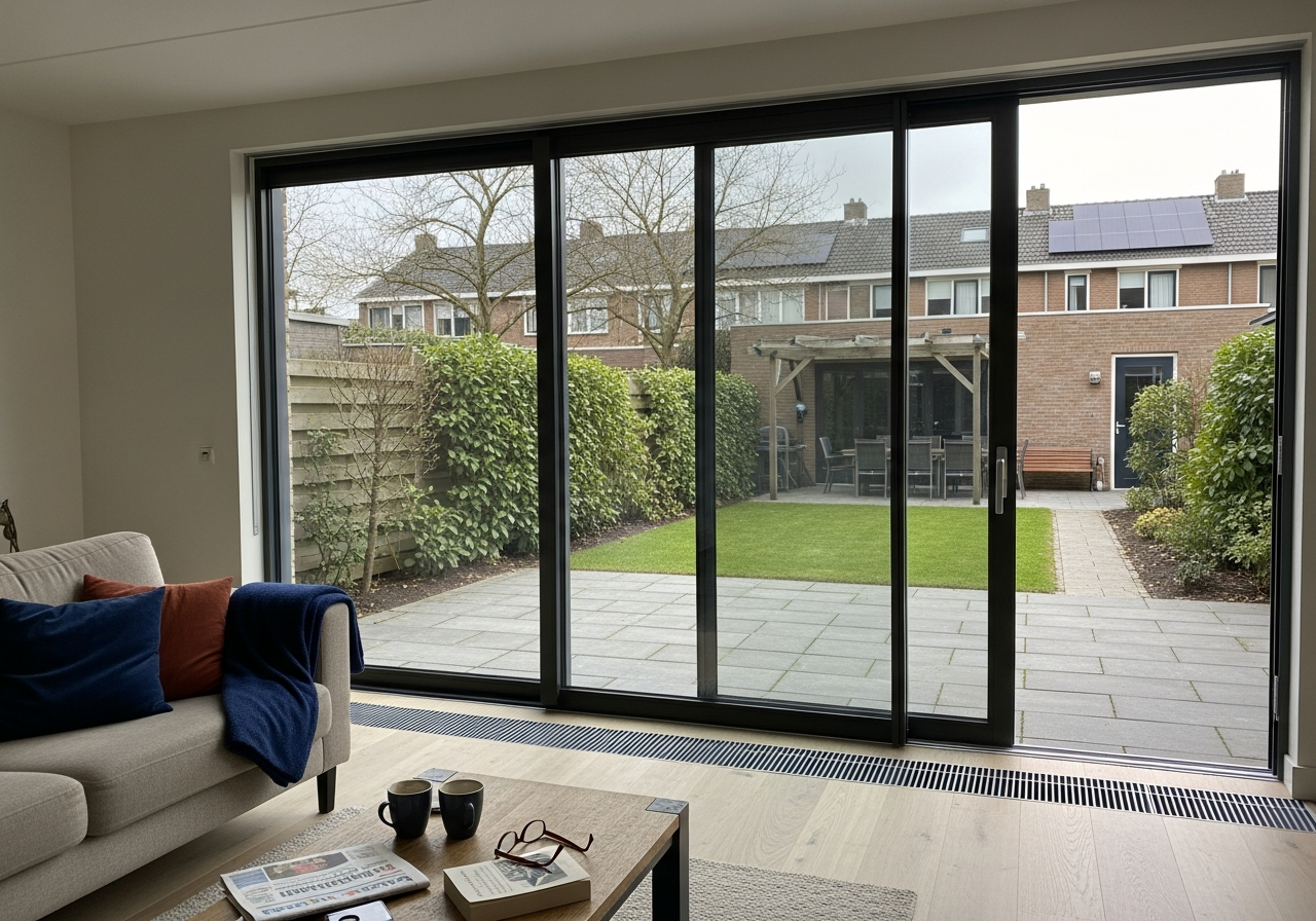 Driedelige anthracite schuifpui in een Nederlandse woonkamer met één paneel opengeschoven naar de tuin