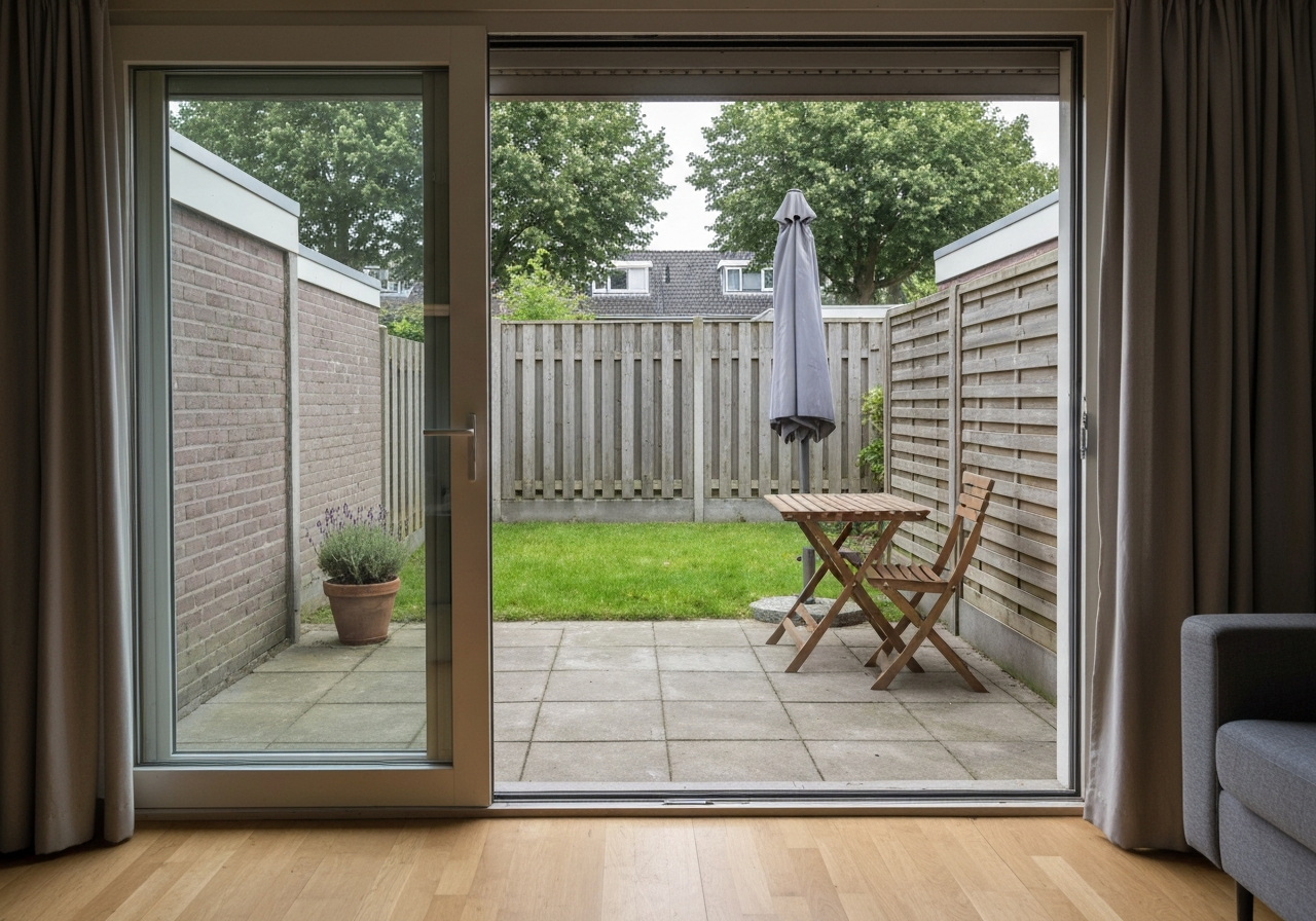 Eindresultaat van een net geplaatste anthracite schuifpui, vanuit de woonkamer met zicht op terras, gazon en achterhek