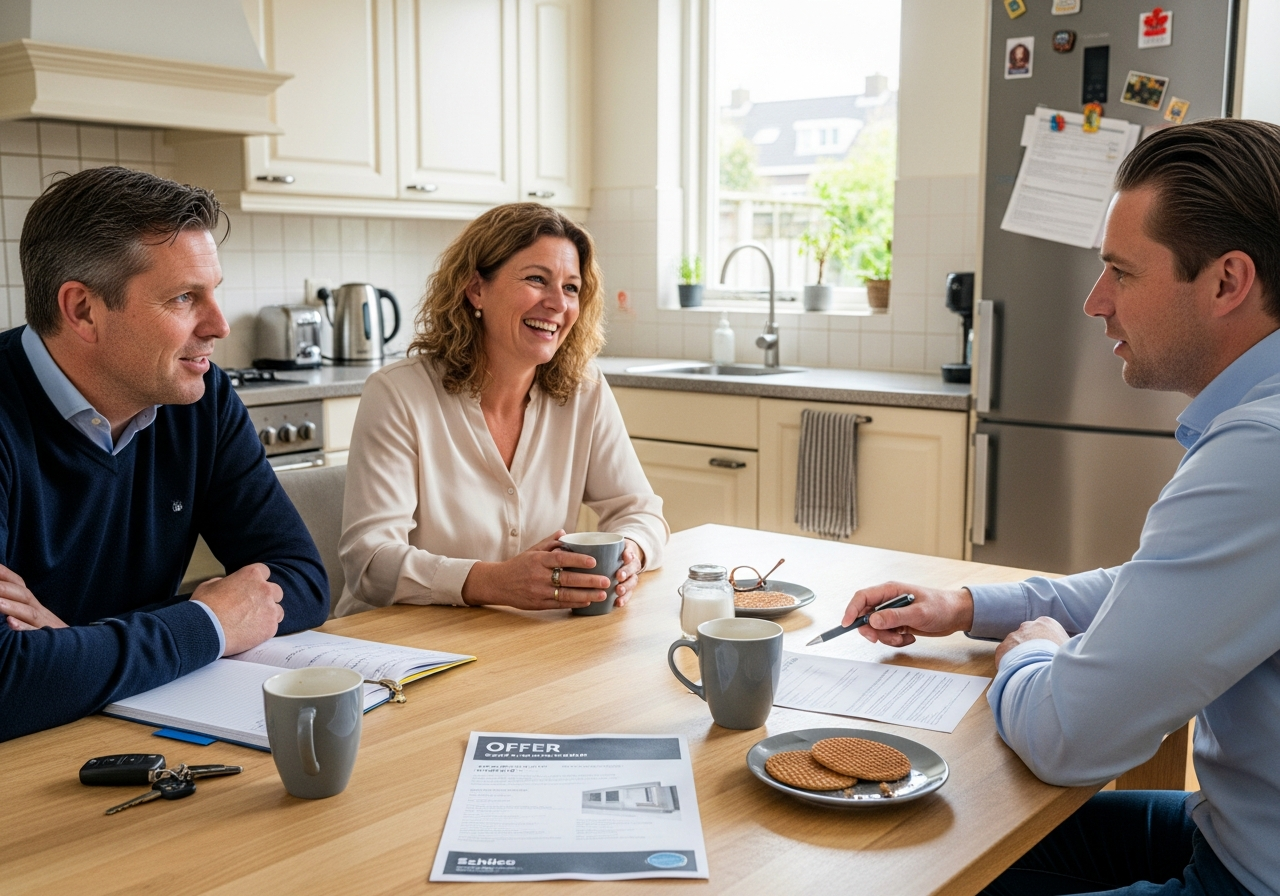 Adviseur in gesprek met een echtpaar aan de keukentafel
