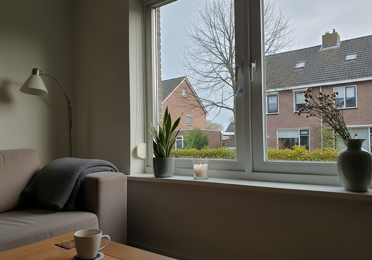 Het eindresultaat: een nieuw geplaatst kozijn, gezien vanuit de woonkamer