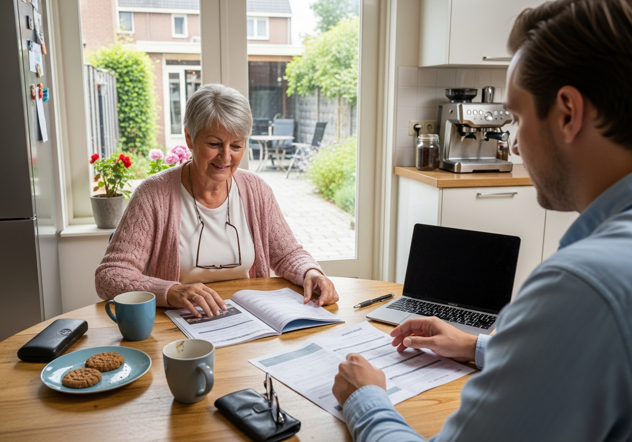 Offerte en papieren op een bureau met adviseur en klant
